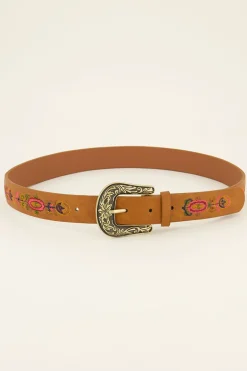 Ceinture Marron Avec Boucle Dorée Et Fleurs Brodées