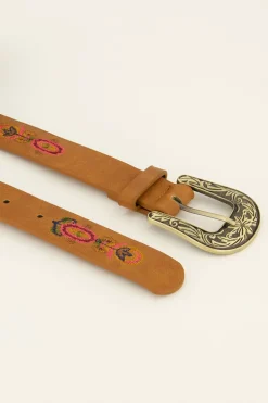 Ceinture Marron Avec Boucle Dorée Et Fleurs Brodées