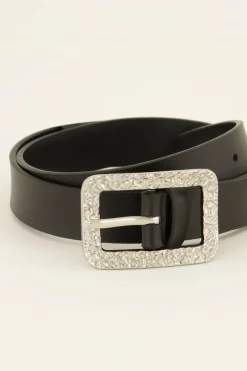 Ceinture Noire En Cuir à Boucle Argentée
