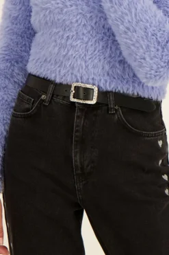 Ceinture Noire En Cuir à Boucle Argentée