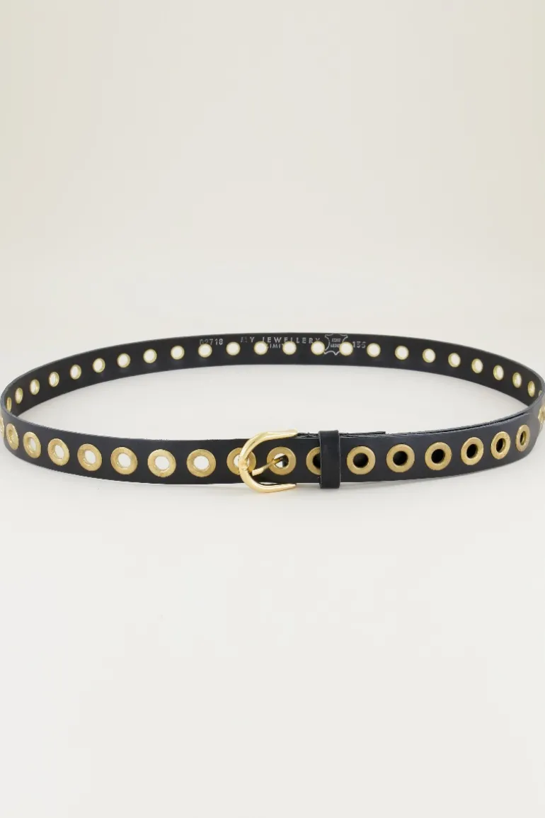 Ceinture Noire En Cuir Avec œillets Dorés