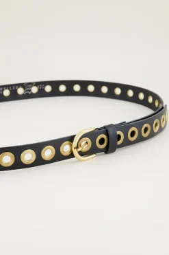 Ceinture Noire En Cuir Avec œillets Dorés