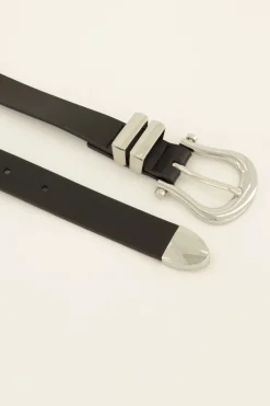 Ceinture Noire Fine En Cuir à Boucle Argentée