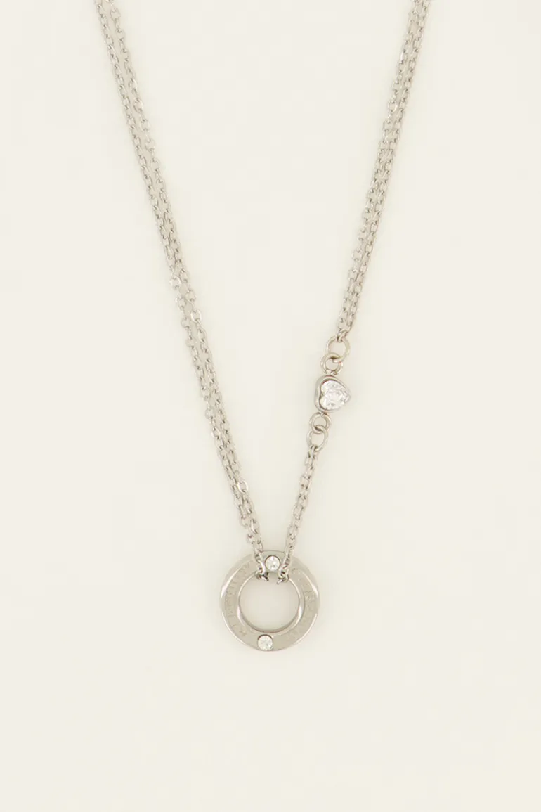 Chaîne à Pendentif Rond & Cœur En Strass