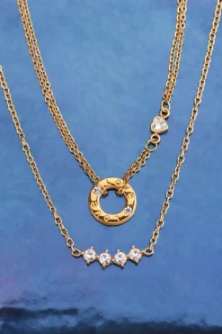 Chaîne à Pendentif Rond & Cœur En Strass
