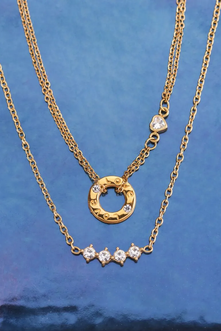 Chaîne à Pendentif Rond & Cœur En Strass