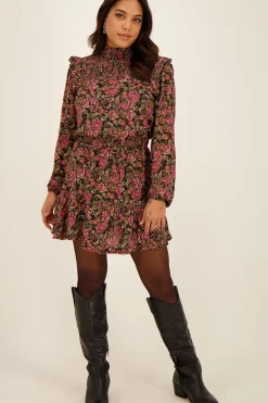 Chemise Noire Avec Imprimé Cachemire Coloré Et Smocks