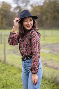Chemise Noire Avec Imprimé Cachemire Coloré Et Smocks
