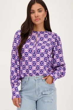 Chemisier Bleu à Imprimé Rose