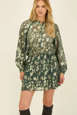 Chemisier Vert à Imprimé Jacquard Doré
