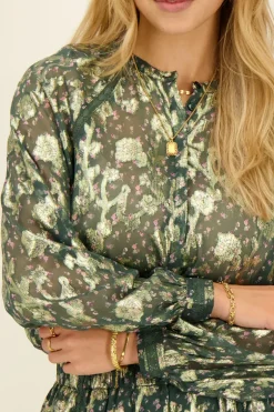 Chemisier Vert à Imprimé Jacquard Doré