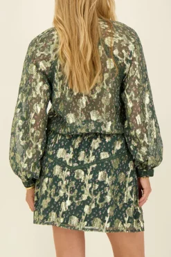Chemisier Vert à Imprimé Jacquard Doré
