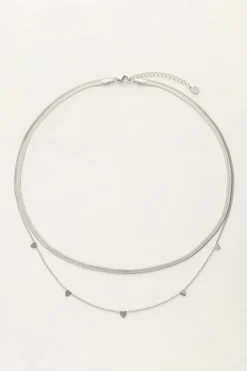 Collier Double Avec Maillons Plats Et Cœurs