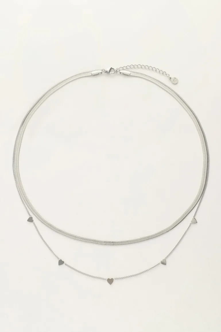 Collier Double Avec Maillons Plats Et Cœurs