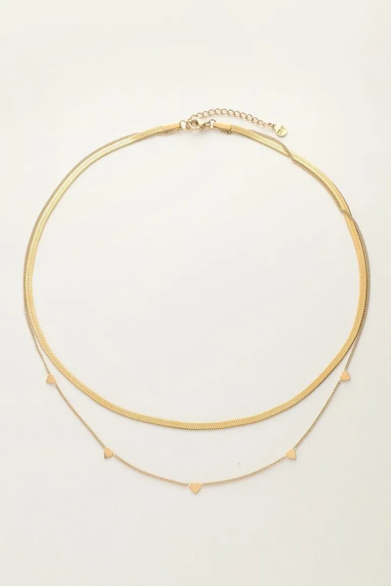 Collier Double Avec Maillons Plats Et Cœurs