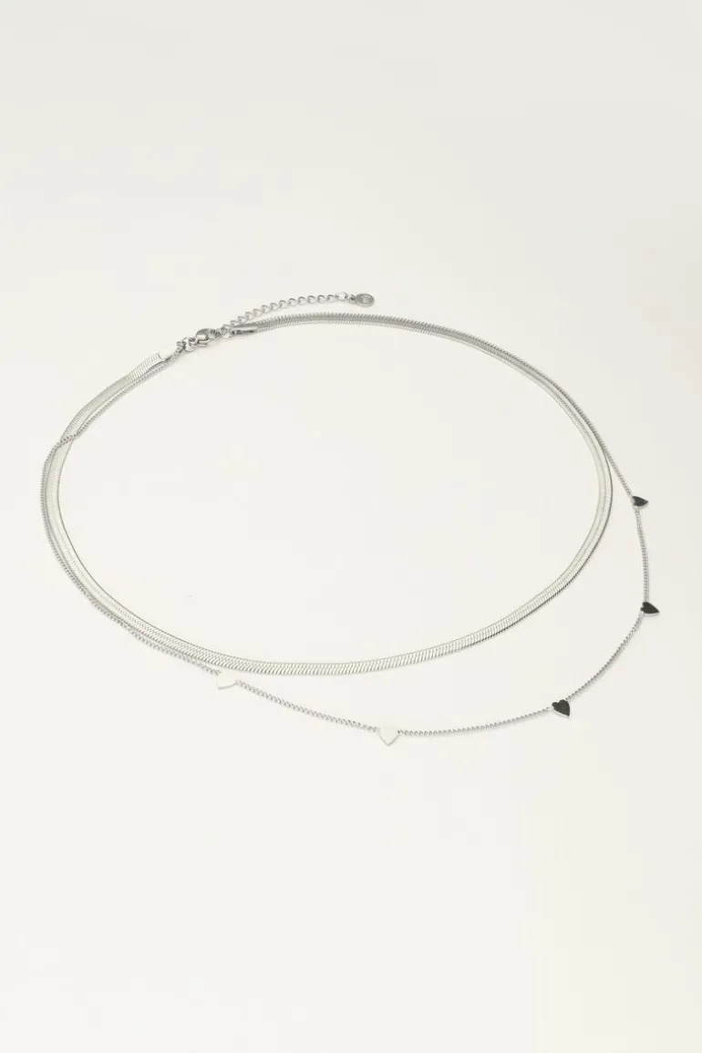 Collier Double Avec Maillons Plats Et Cœurs