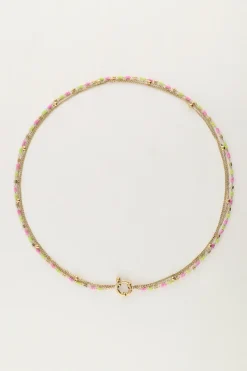 Collier Triple Avec Perles Vertes Et Roses