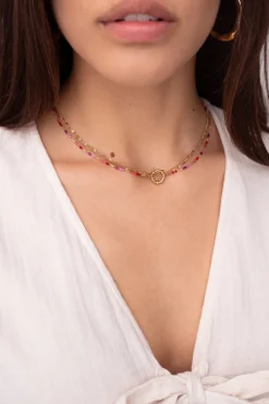 Collier Triple Avec Perles Rouges Et Roses
