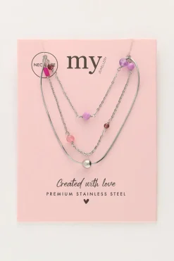 Collier Triple Avec Perles Roses Et Violettes