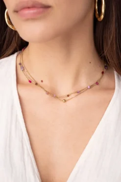 Collier Triple Avec Perles Roses Et Violettes