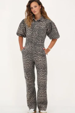 Combinaison En Denim à Manches Bouffantes Imprimée Léopard