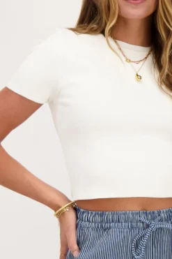 Crop Top Basique Blanc à Manches Courtes