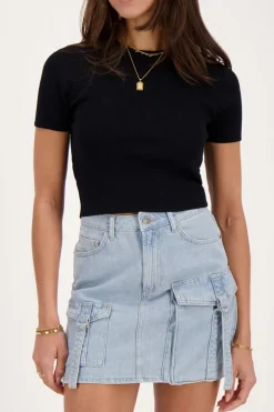 Crop Top Basique Noir à Manches Courtes