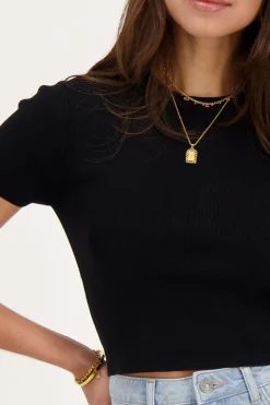 Crop Top Basique Noir à Manches Courtes
