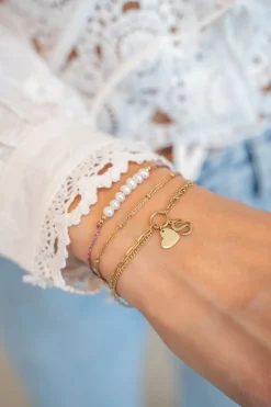 Double Bracelet Minimaliste Avec Cordon Rose Et Perles