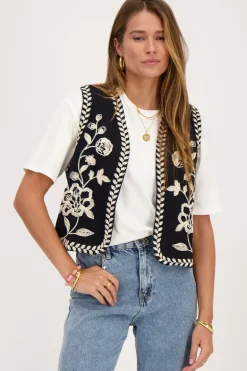 Gilet Noir Avec Broderie Crème