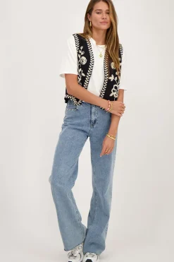 Gilet Noir Avec Broderie Crème