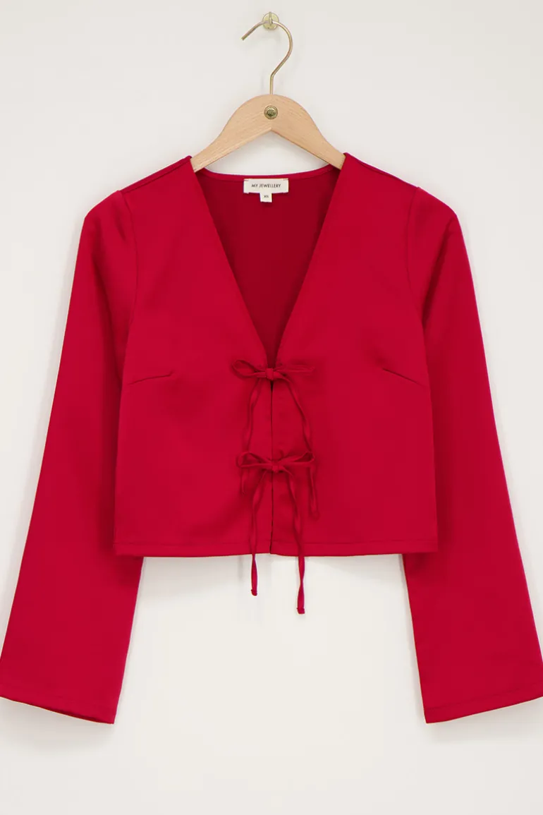 Haut Effet Satiné Rouge Avec Nœuds