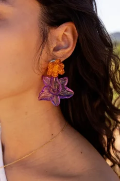 Island Boucle D'oreille Avec Deux Fleurs Mauves