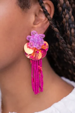 Island Boucles D'oreilles Avec Fleurs Et Brins Roses