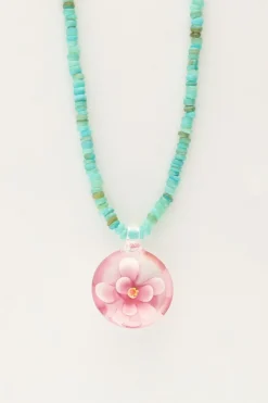 Island Collier De Perles Aqua Avec Fleur Rose