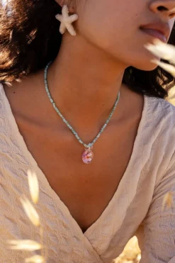 Island Collier De Perles Aqua Avec Fleur Rose