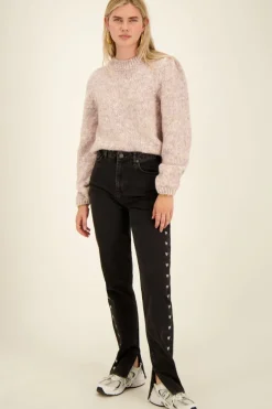 Jeans Noir à Fentes Et Coeurs Brodés