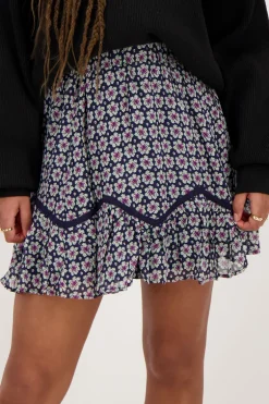 Jupe à Imprimé Fleuri Bleu Foncé Avec Volants