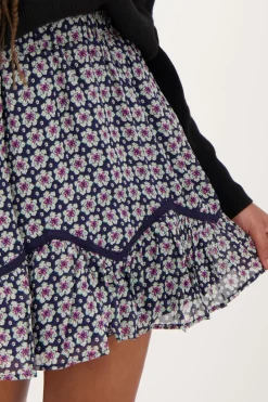 Jupe à Imprimé Fleuri Bleu Foncé Avec Volants