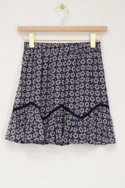 Jupe à Imprimé Fleuri Bleu Foncé Avec Volants