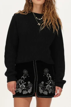 Jupe En Velours Noir Avec Broderie Argentée