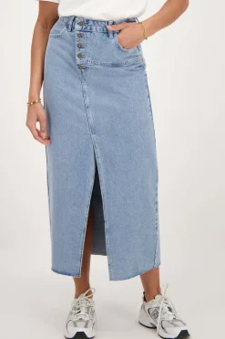 Jupe Midi En Denim Bleu Avec Boutons