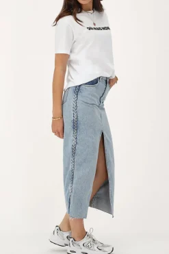 Jupe Midi En Denim Bleu Avec Détails Tressés