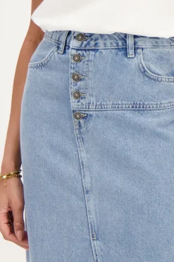 Jupe Midi En Denim Bleu Avec Boutons