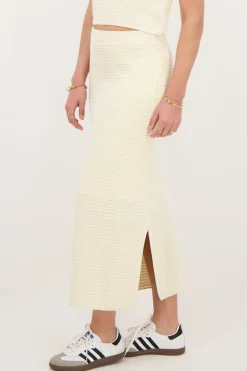 Jupe Midi En Maille Beige Avec Fente