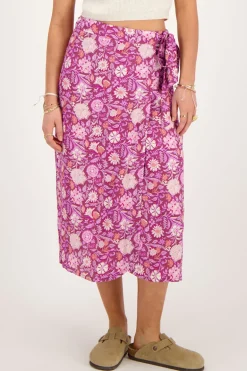 Jupe Midi Enveloppante Violette à Imprimé Floral Rose