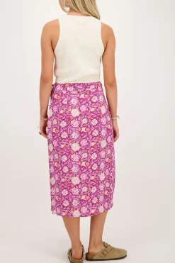 Jupe Midi Enveloppante Violette à Imprimé Floral Rose