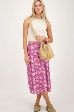 Jupe Midi Enveloppante Violette à Imprimé Floral Rose