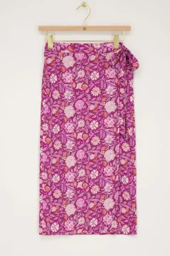 Jupe Midi Enveloppante Violette à Imprimé Floral Rose