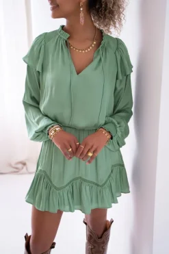 Jupe Satinée Vert Menthe à Volants